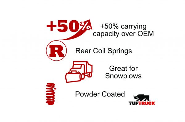 TufTruck coil spring details: +50% capacity over OEM, rear coil springs, great for snowplows, powder coated