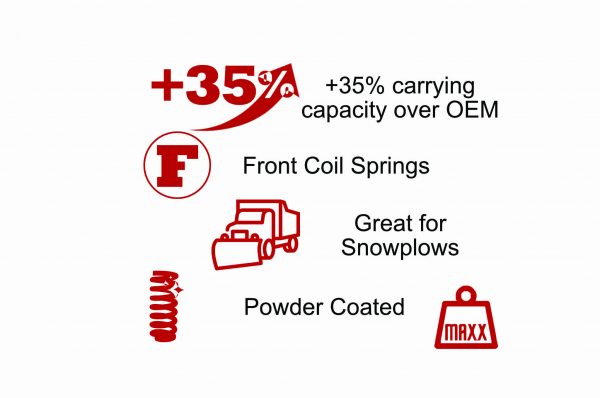 CargoMaxx HD coil spring details: +35% capacity over OEM, front coil springs, great for snowplows, powder coated